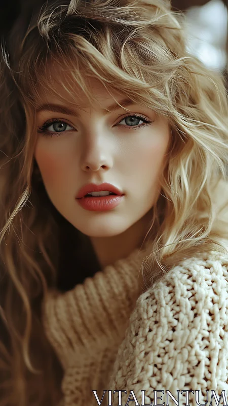 Soft autumn portrait captures serene gaze and warm knit.