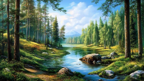 Alpine Forest River Valley with Mountain Peak.