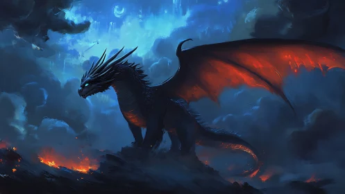 Midnight dragon rises against a blazing volcanic sky.