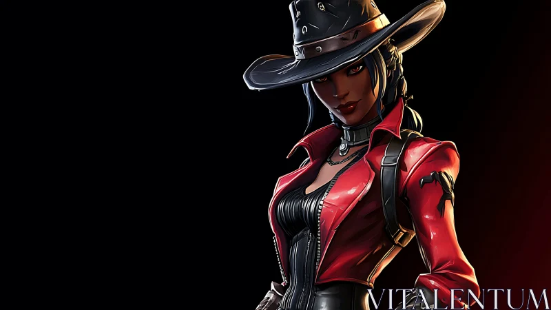Stylized outlaw heroine in red leather coat under directional rim light