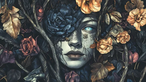 Digital painting portrait entwined with baroque florals and decay.