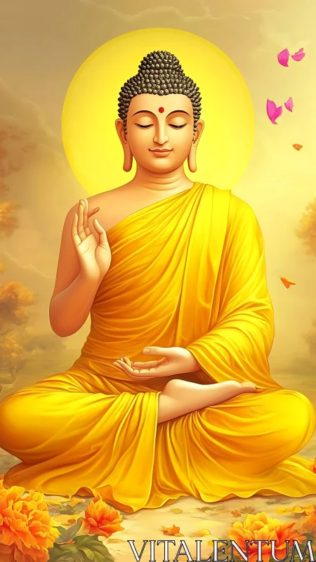 Gentle Buddha in golden robes radiating peace and calm.