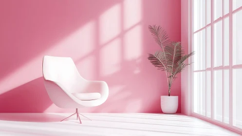 Minimalist pink interior with white chair and potted plant.