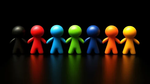 Row of colored figurines stands under controlled studio lighting