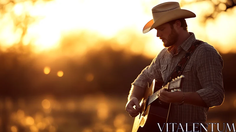 Golden hour cowboy gently strums guitar in warm country light