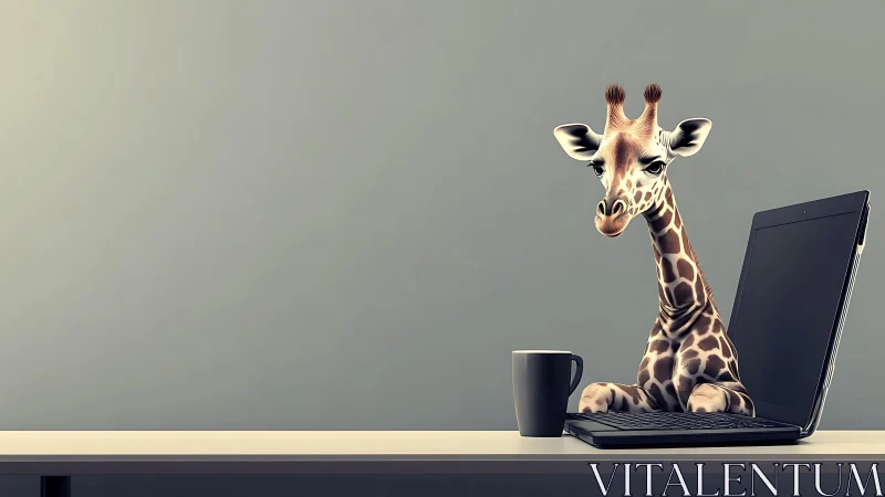 Remote work giraffe peeking curiously from sleek laptop.