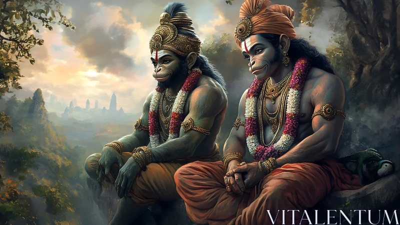 Two seated monkey warriors rest on a rocky forest ledge