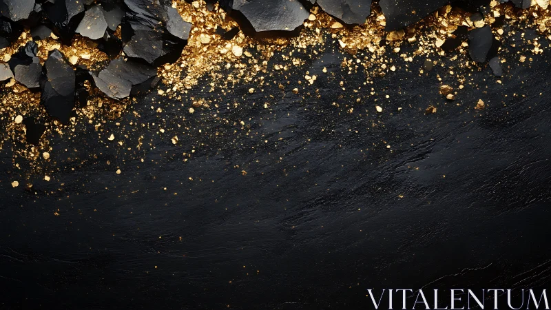 Gold fragments lie on textured black surface in diagonal band