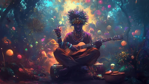 Luminescent forest musician in saturated bokeh-rich chromatic haze