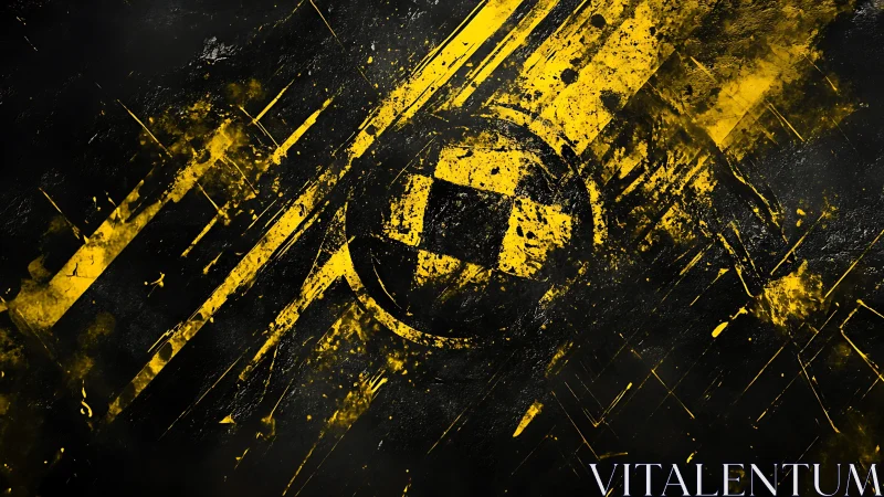 Industrial hazard emblem in fractured yellow abstraction.