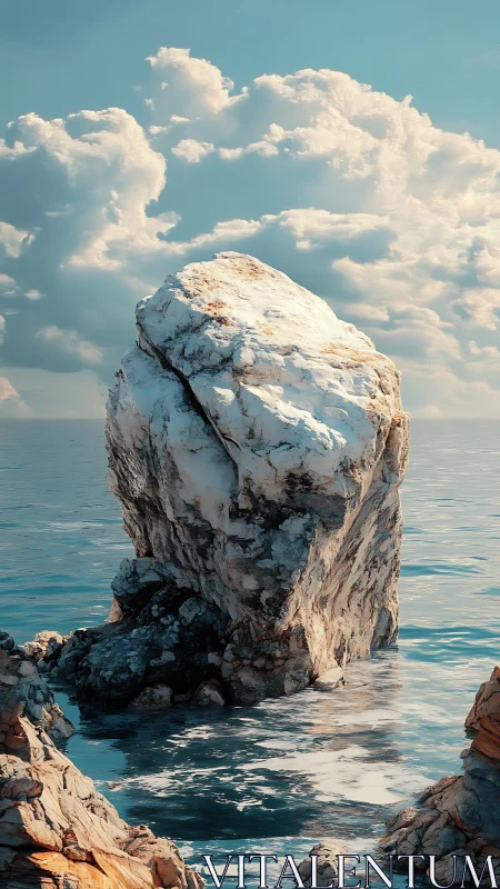 Sunlit sea stack rises beneath billowing coastal clouds.