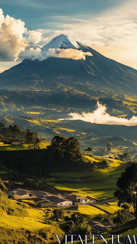 Sunlit village curled beneath a cloud crowned volcano peak.