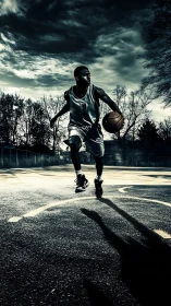 High-contrast outdoor basketball dribble under dramatic backlighting