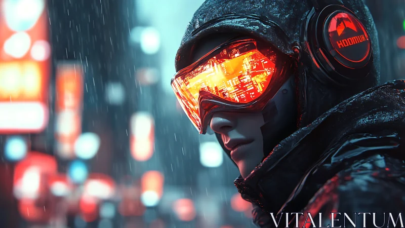Cybernetic rider in neon rain studies the glowing cityscape.