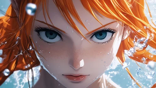 Fiery haired anime swimmer emerging through crystal water.