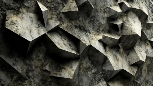 Jagged geometric rock wall shows deep angular extrusions