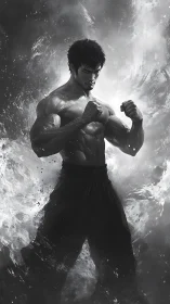 Monochrome martial artist amid explosive swirling energy.