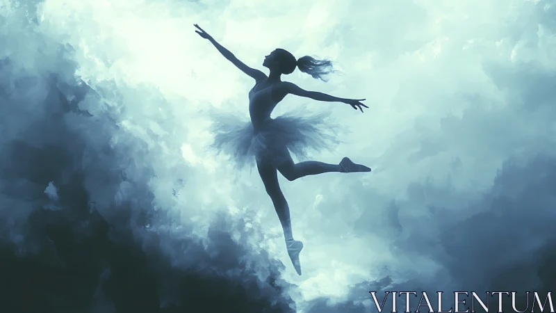 Ballerina silhouette glides through luminous storm clouds.