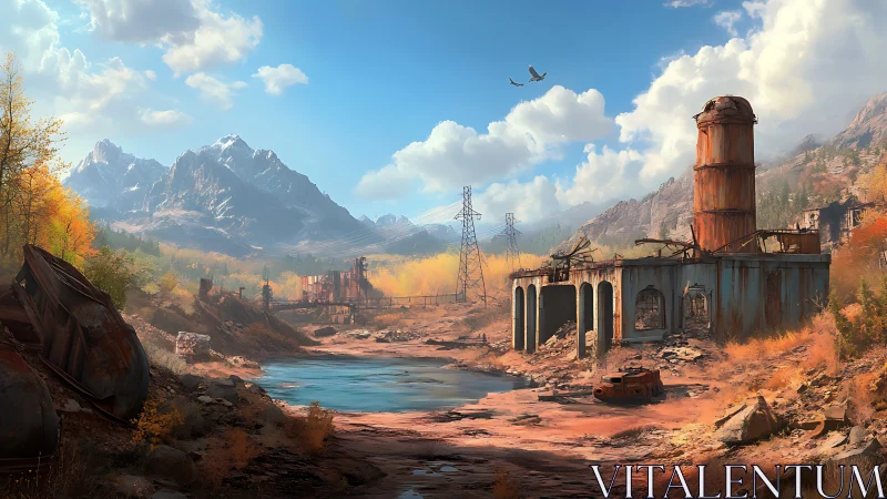 Derelict industrial complex in remote alpine valley landscape.