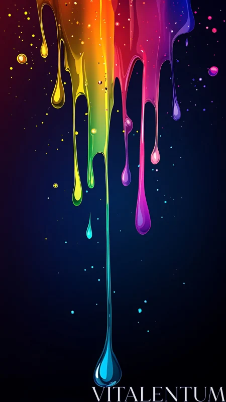 Liquid rainbow paint drips cascade over deep dark background.