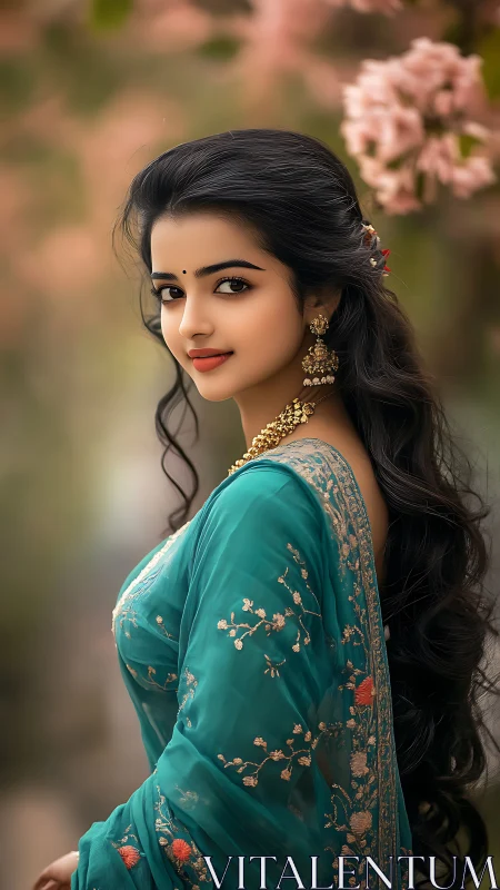 Graceful woman in teal sari beneath soft spring blossoms.