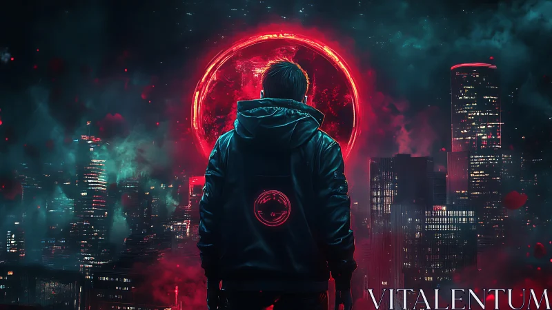 Backlit urban figure observing red eclipse above neon skyline