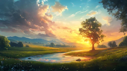 Golden hour riverbend under a quiet, listening tree.