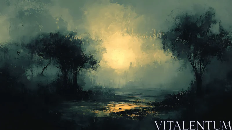 Digital painting nocturne with misted trees and pale lumen.