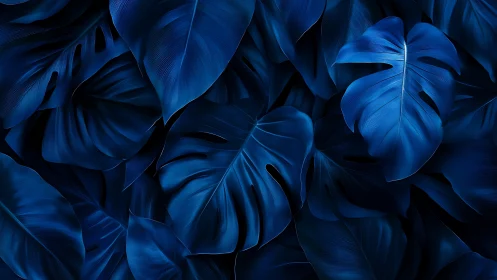 Deep indigo monstera leaves form a lush abstract canopy.