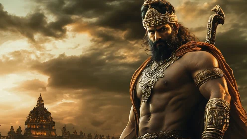 Storm-lit warrior king stands guard over a golden temple