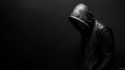 Low-key portrait of hooded figure in black leather jacket