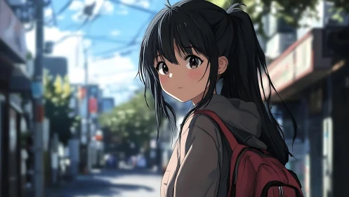 Quiet anime girl walks through a sunlit city street