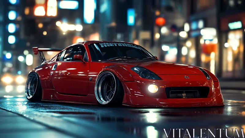 Modified red sports car dominates neon city streets at night.
