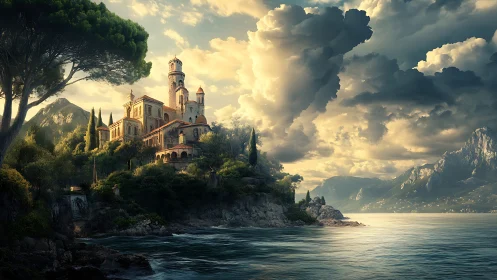 Seaside hilltop castle glows beneath dramatic storm clouds.