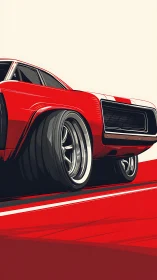 Red muscle car rear perspective with dynamic racing stripes.