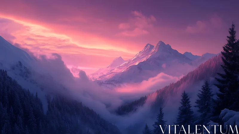 Snow-covered alpine mountains under pink twilight sky.