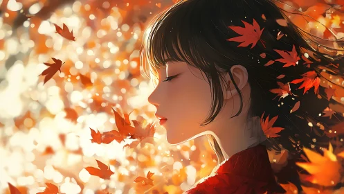 Autumn breeze envelops serene girl in glowing maple leaves.