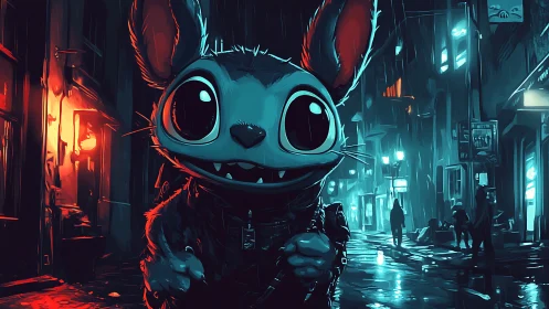 Cartoon rodent character in neon lit rainy city street scene.