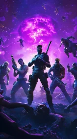Squad of armed soldiers stands against glowing purple sky