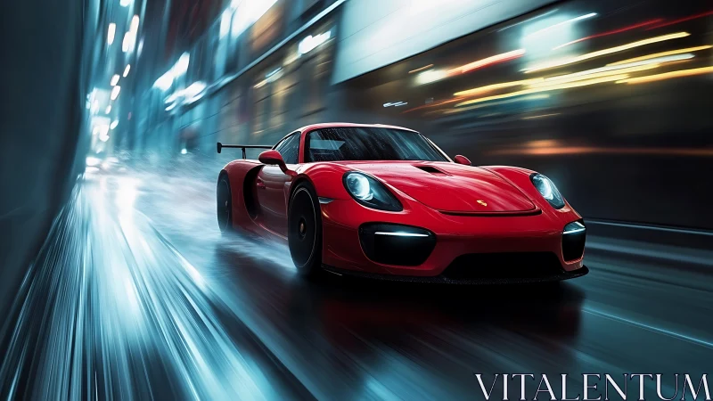 Red supercar slices through neon city tunnel at speed.