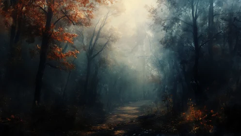 Misty woodland path with autumn foliage and directional light