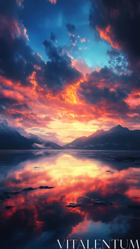 Sunset clouds reflect across calm mountain lake surface