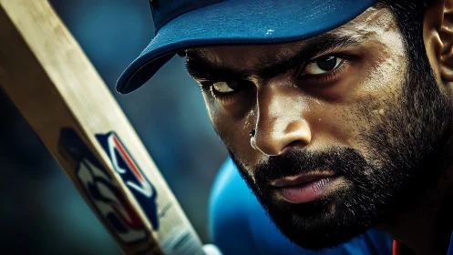 Cricketer locks fierce gaze behind bat, sweat glistening hard