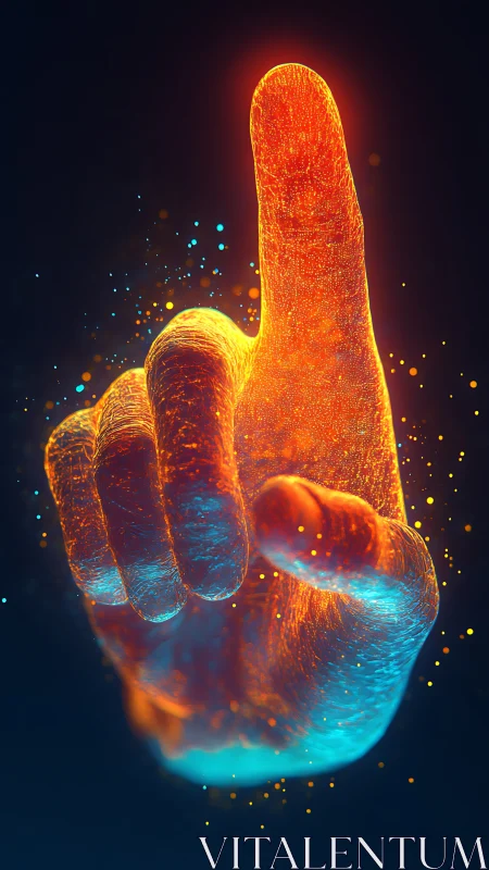 Glowing digital fingertip reaches forward in vibrant space.