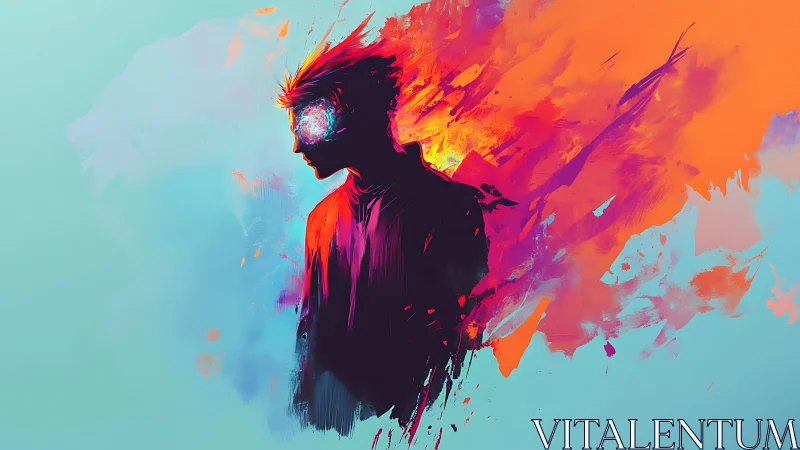 Silhouetted figure with abstract chromatic energy burst.