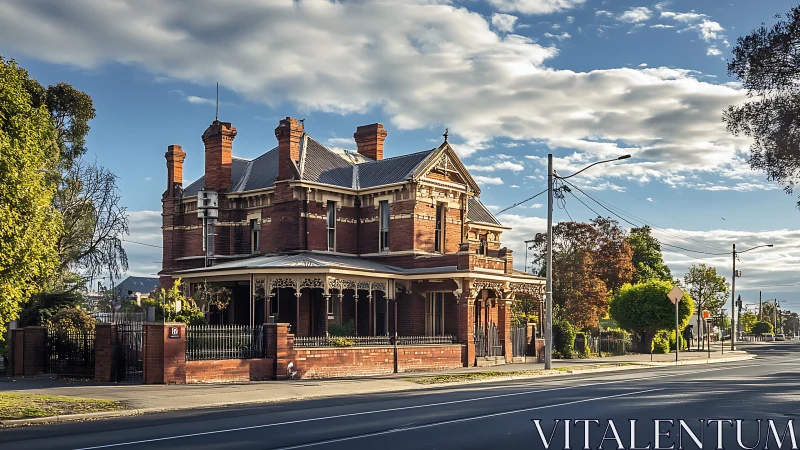 Victorian red brick corner mansion under golden afternoon light.
