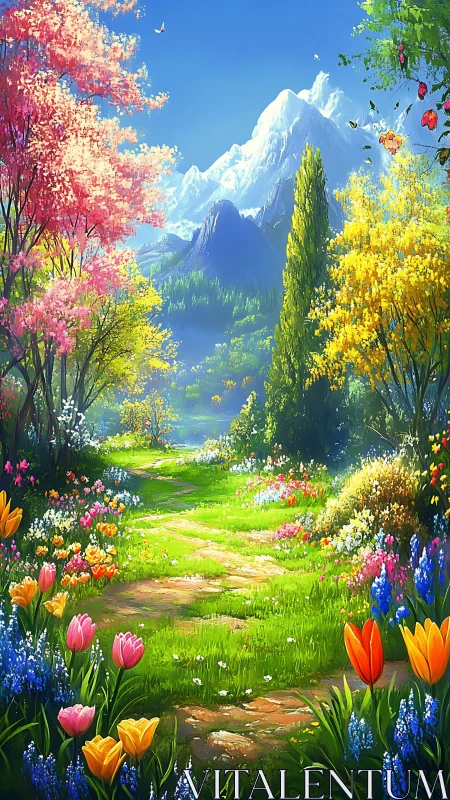 Floral mountain path in bright spring landscape setting.