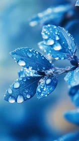 Raindrop spell on sapphire leaves in tranquil blue hush.