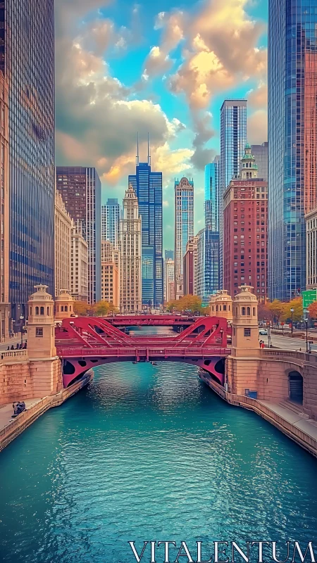Chicago riverfront skyline glows beneath dramatic clouds.