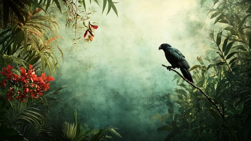 Solitary dark parrot on branch in dense tropical foliage.